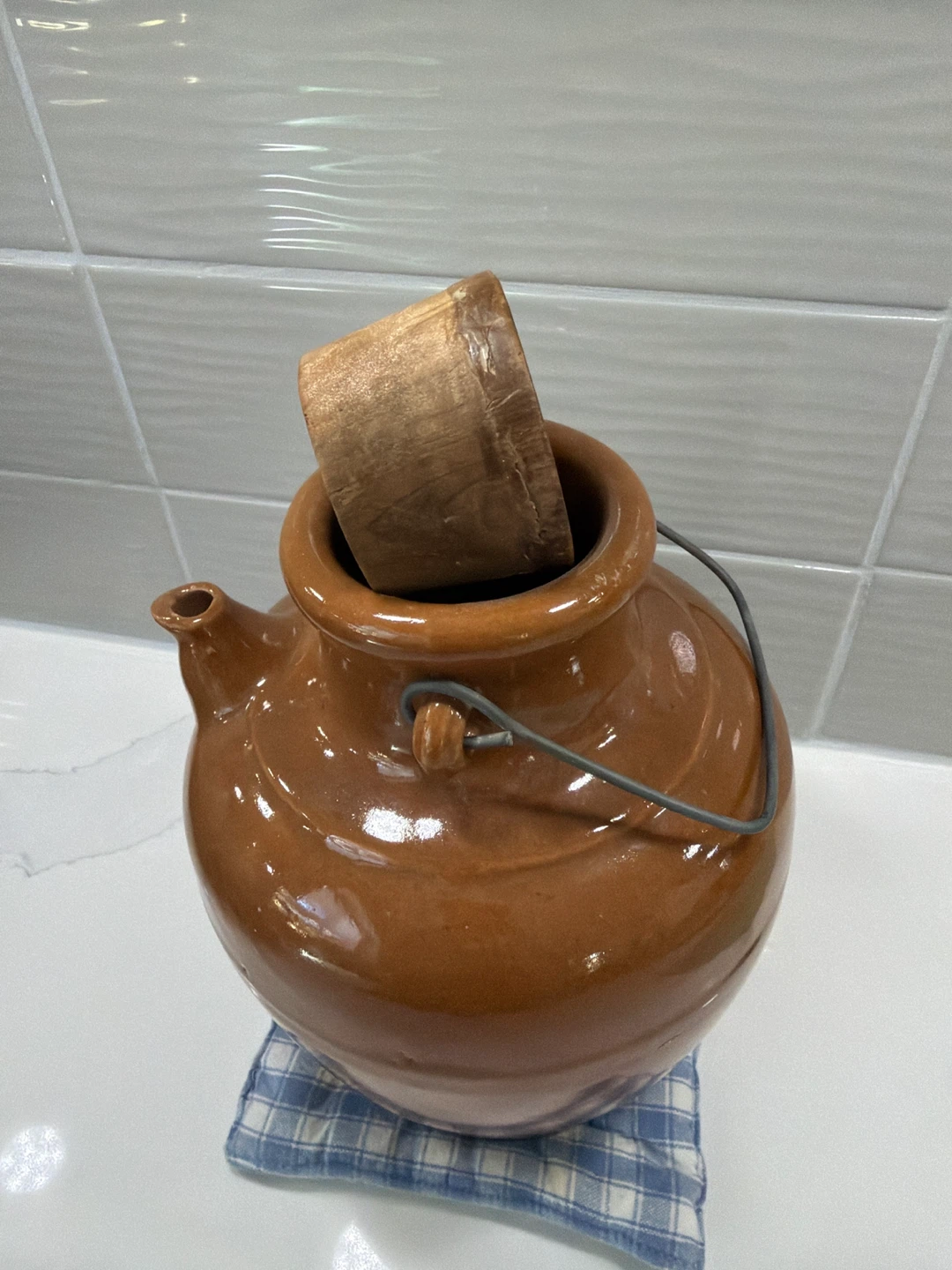Brown Ceramic Jug with Spout and Wooden Stopper - photo 2