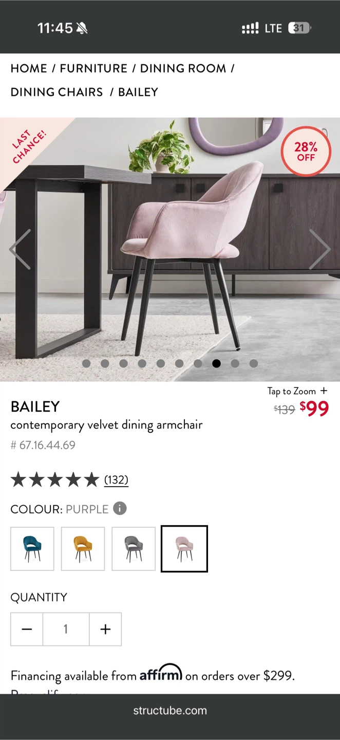 2x Structube Bailey Velvet Dining Armchair - Lavender Purple - photo 3