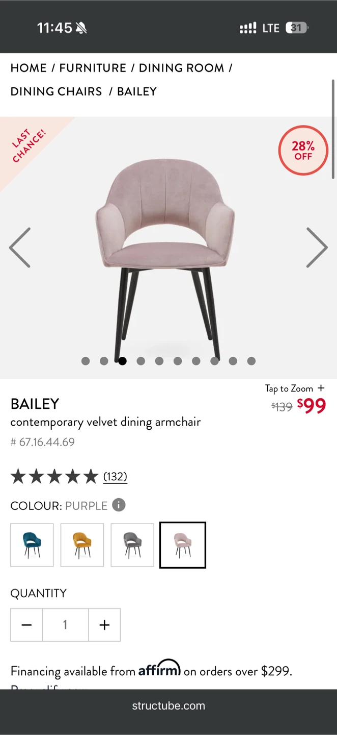 2x Structube Bailey Velvet Dining Armchair - Lavender Purple - photo 4