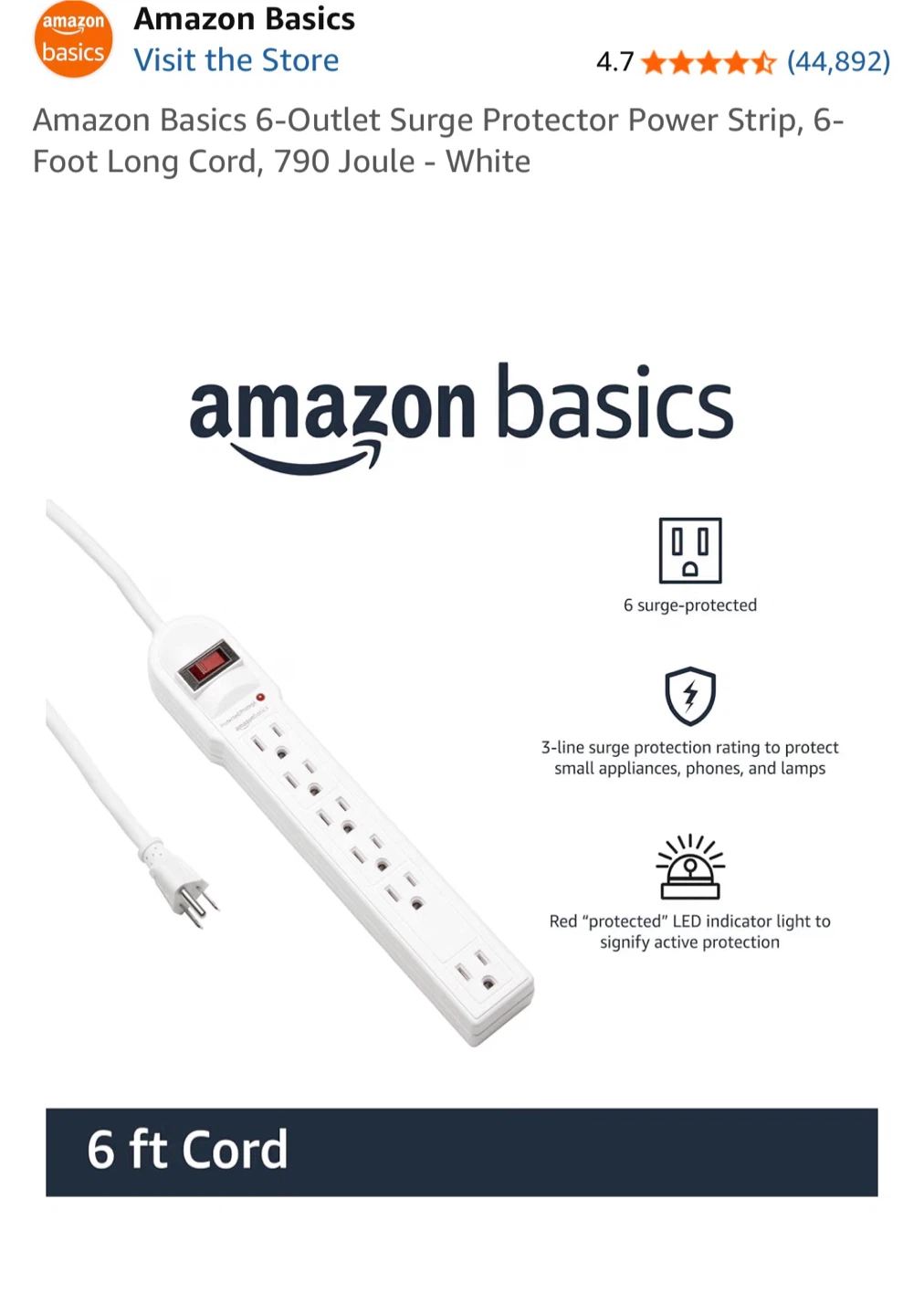 Amazon Basics 6-Outlet Surge Protector Power Strip