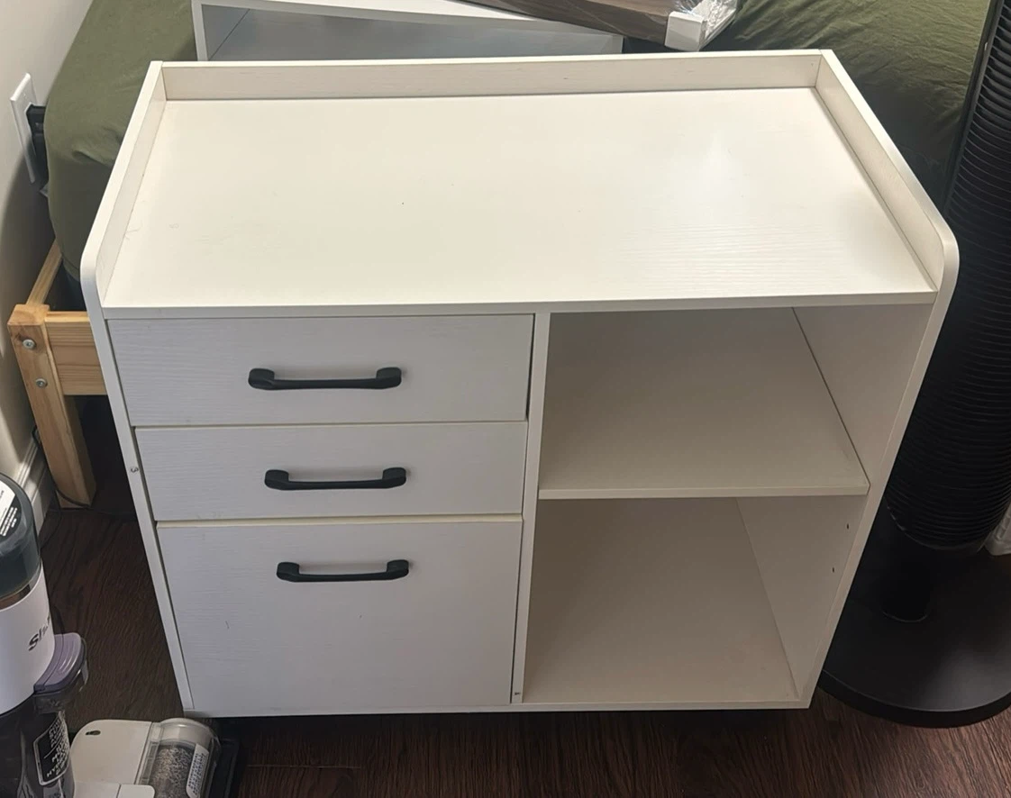 White 3-Drawer Mobile Filing Cabinet with Shelves