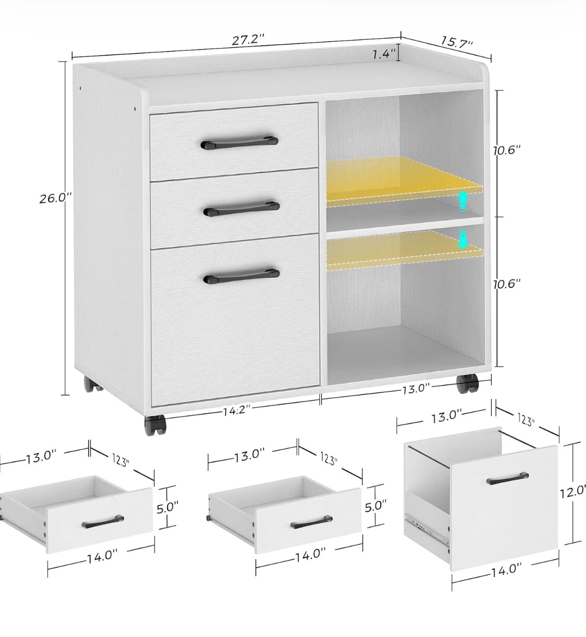 White 3-Drawer Mobile Filing Cabinet with Shelves - photo 2