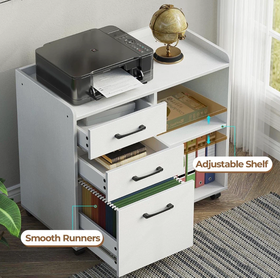 White 3-Drawer Mobile Filing Cabinet with Shelves - photo 3