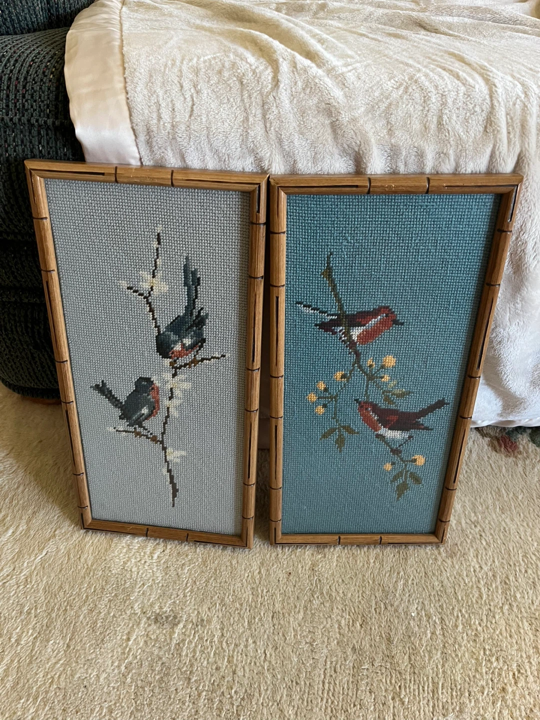 Stunning bamboo framed petit point birds pair