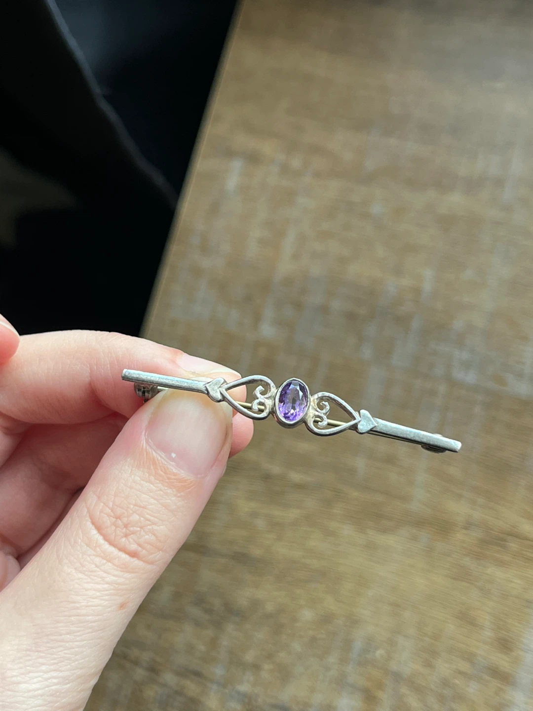 Victorian style Sterling silver and amethyst bar brooch