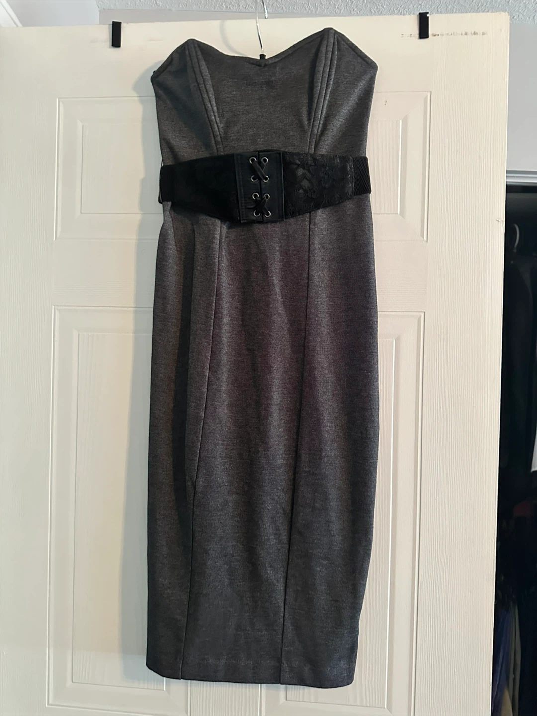 GUESS Grey Strapless Dress with Corset Belt