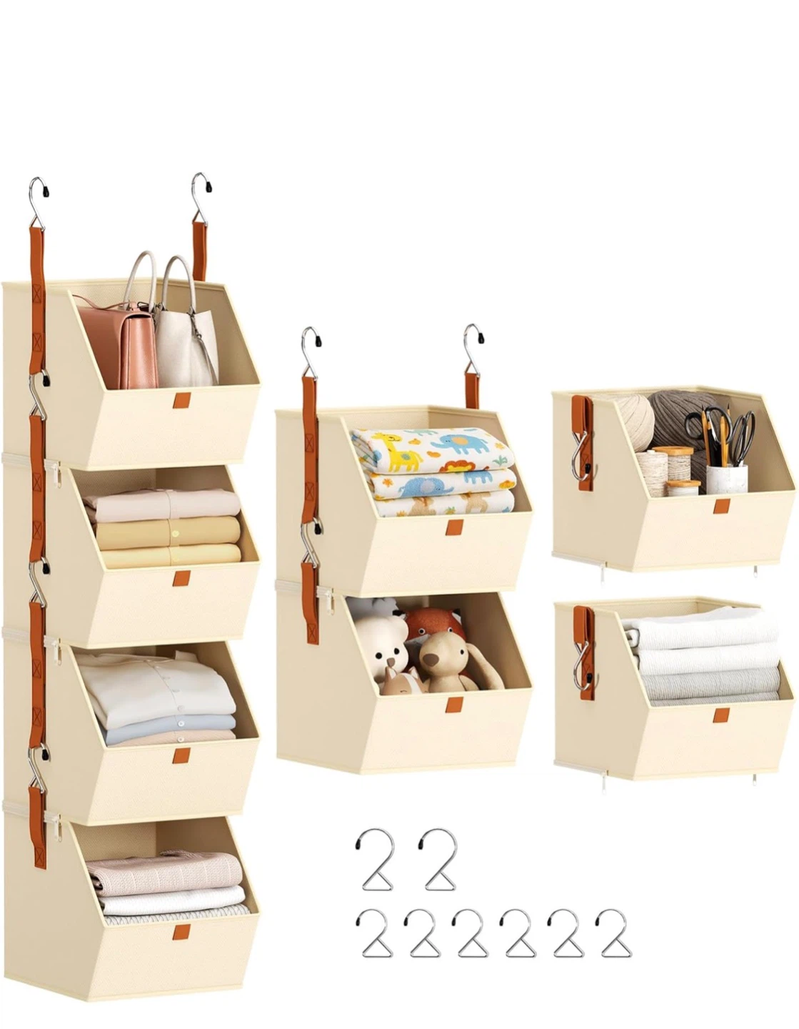 Organizadores colgantes de tela color crema con 4 compartimentos