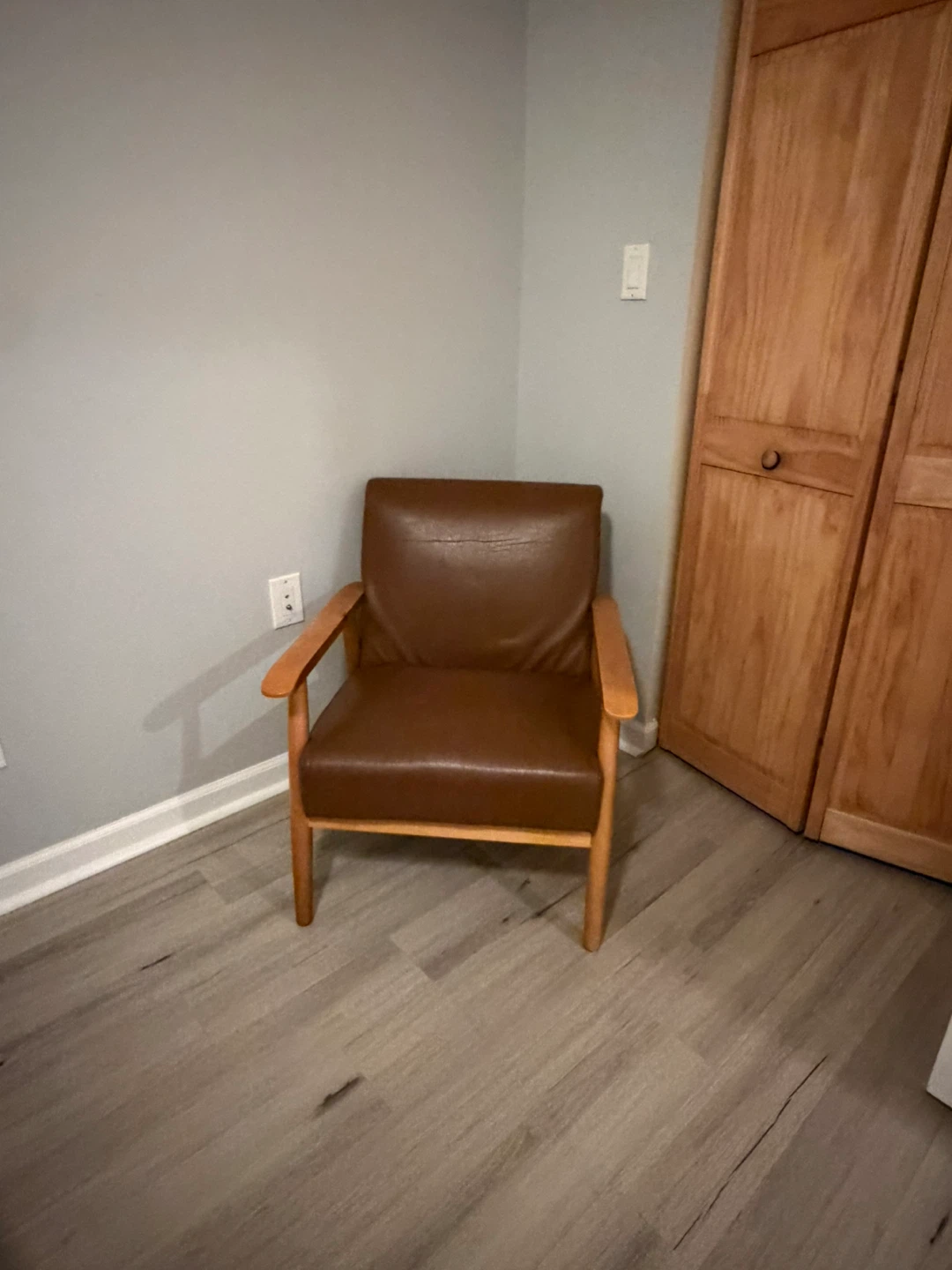 Brown Leather Armchair with Wooden Frame