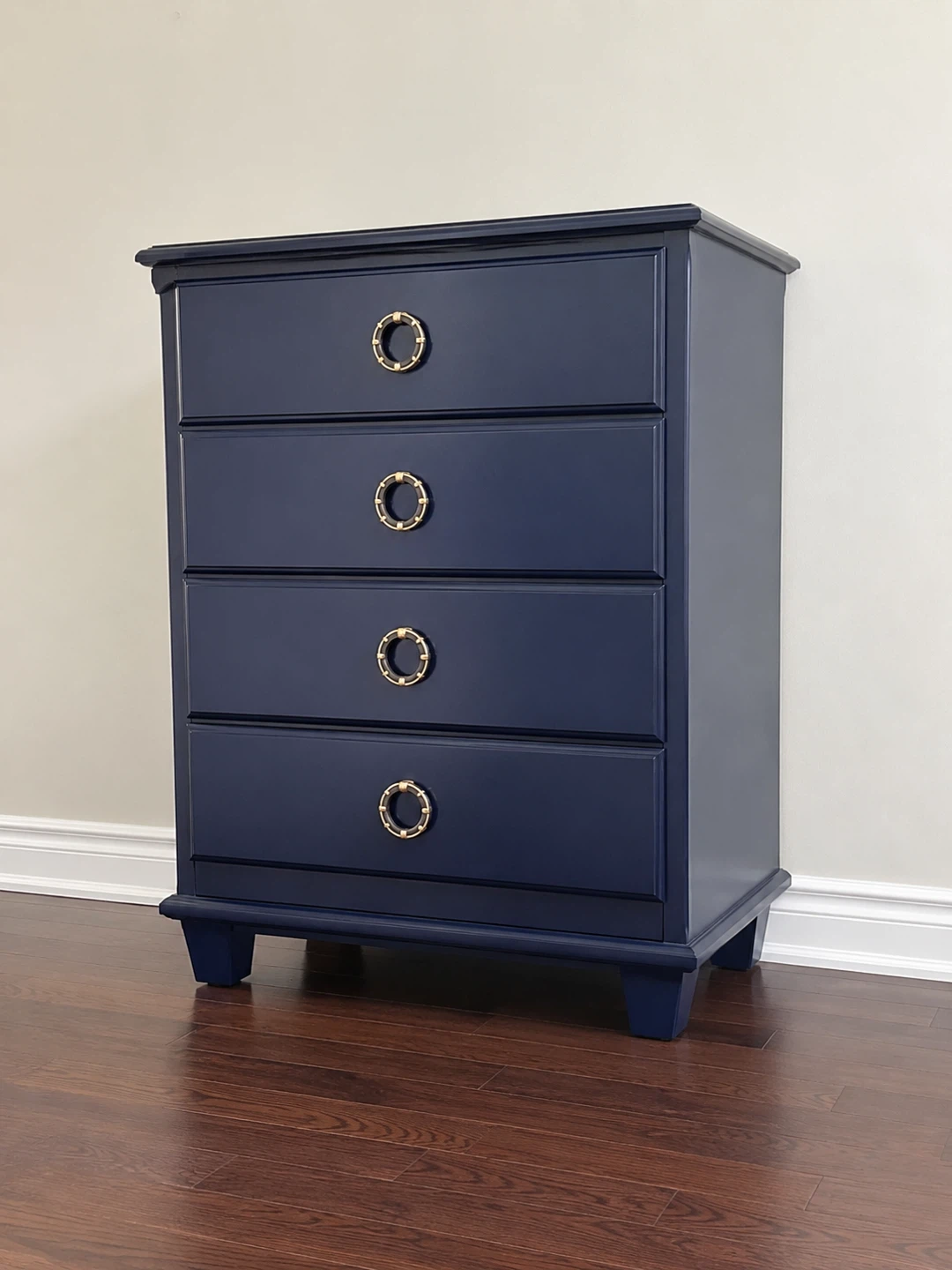 Navy Blue 4-Drawer Chest with Gold Ring Pulls