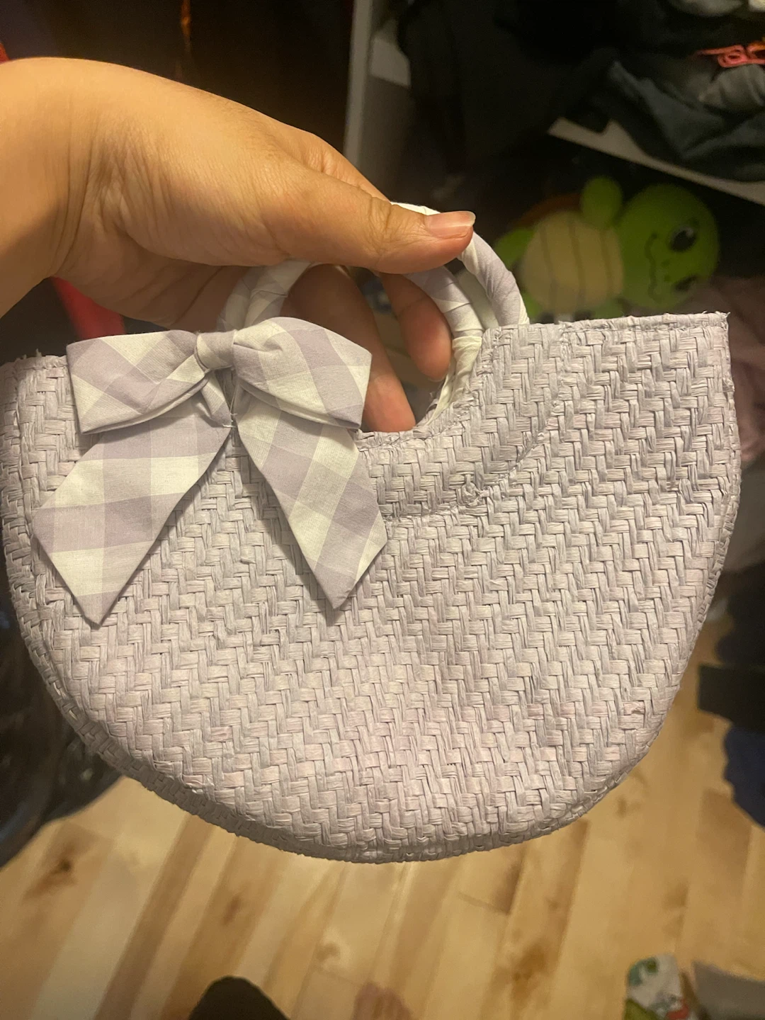 Straw Tote Bag with Gingham Bow