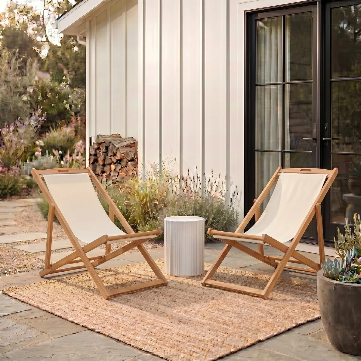Moving out sale - Pair of Wooden Sling Chairs with White Fabric