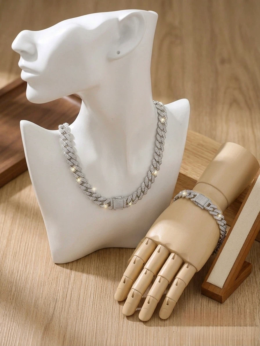 Sparkly Cuban Link Chain Necklace and Bracelet Set - photo 2