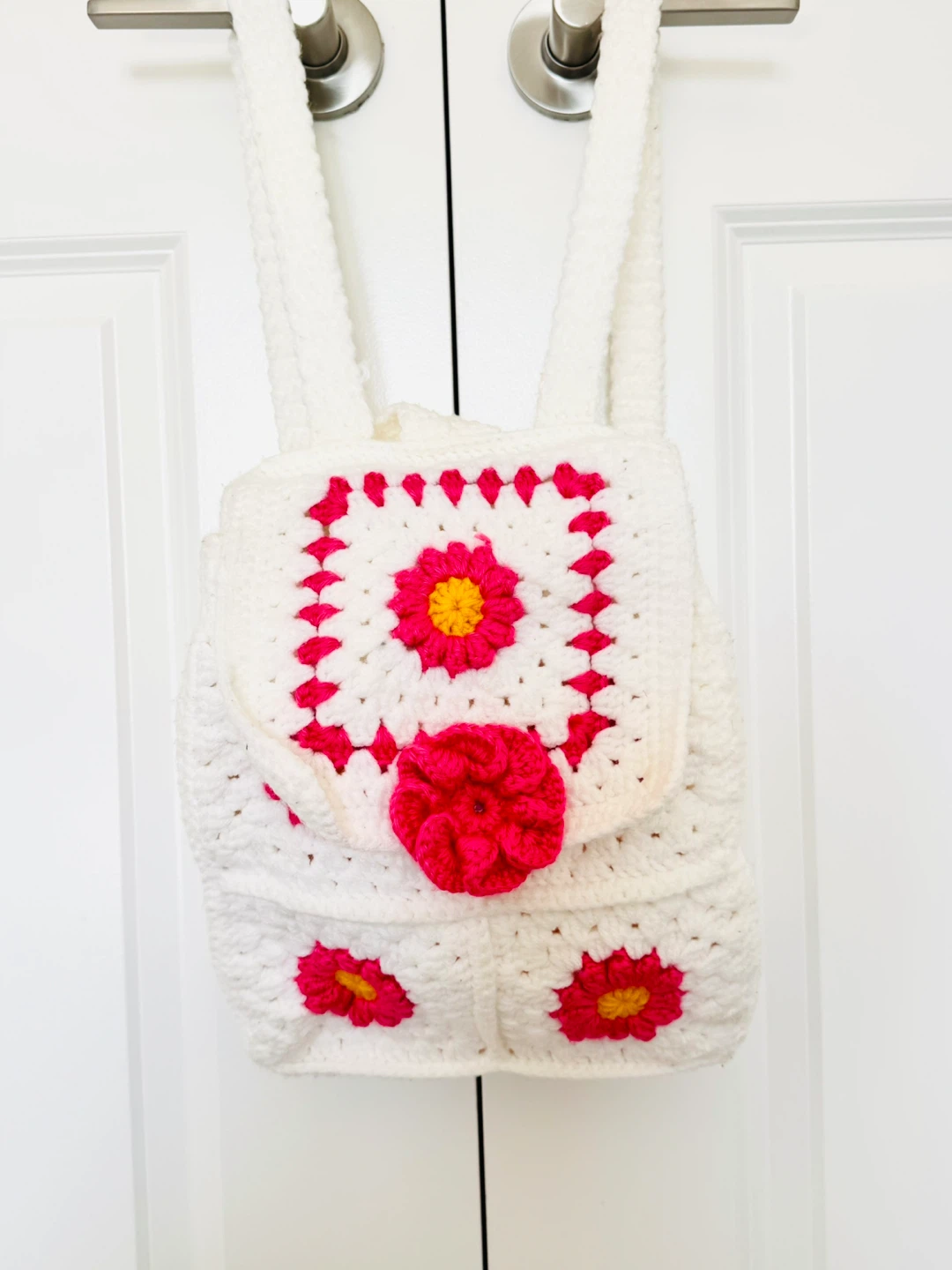 Handmade Crochet Backpack - White & Pink Flower Granny Square
