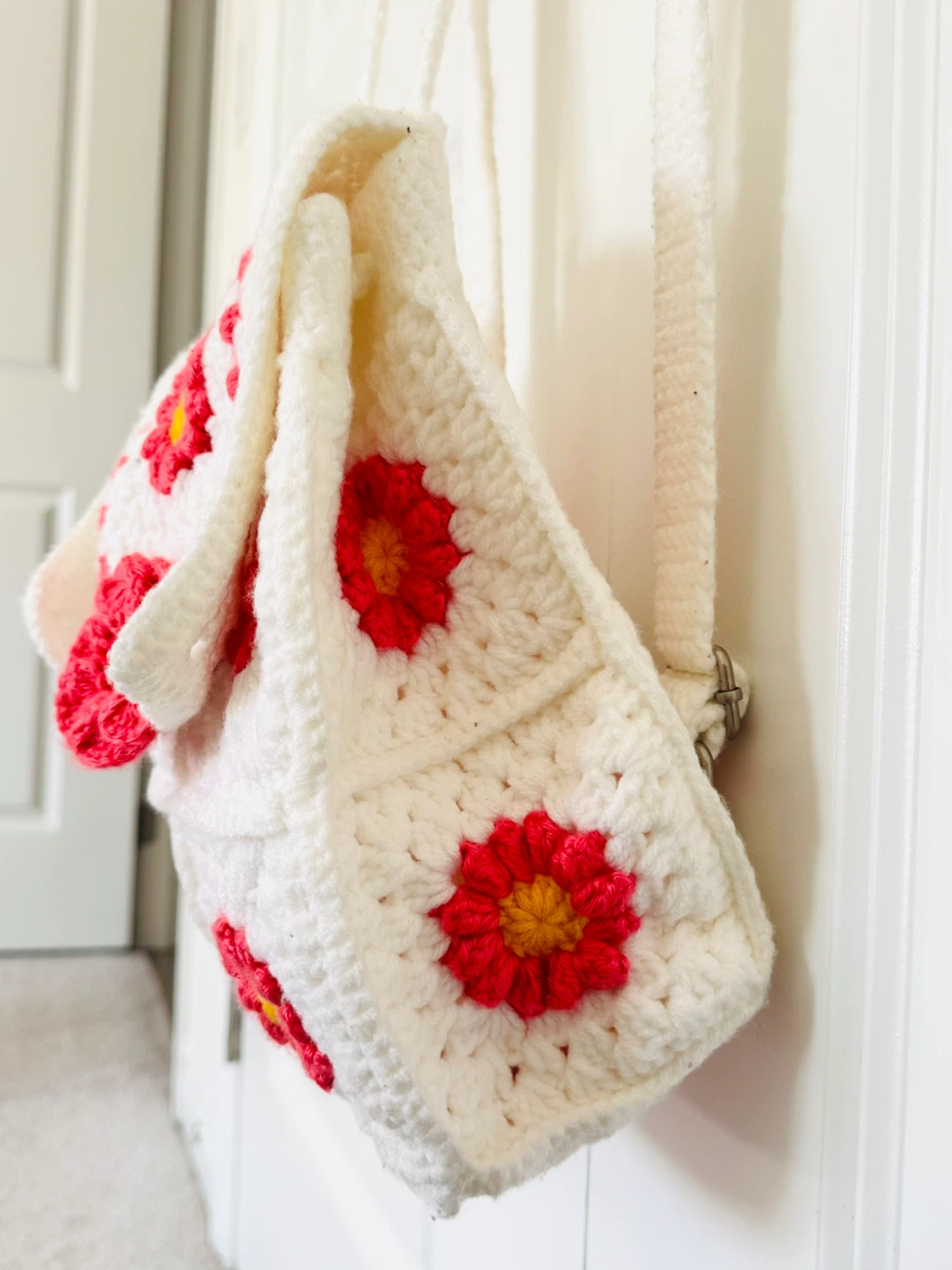 Handmade Crochet Backpack - White & Pink Flower Granny Square - photo 2