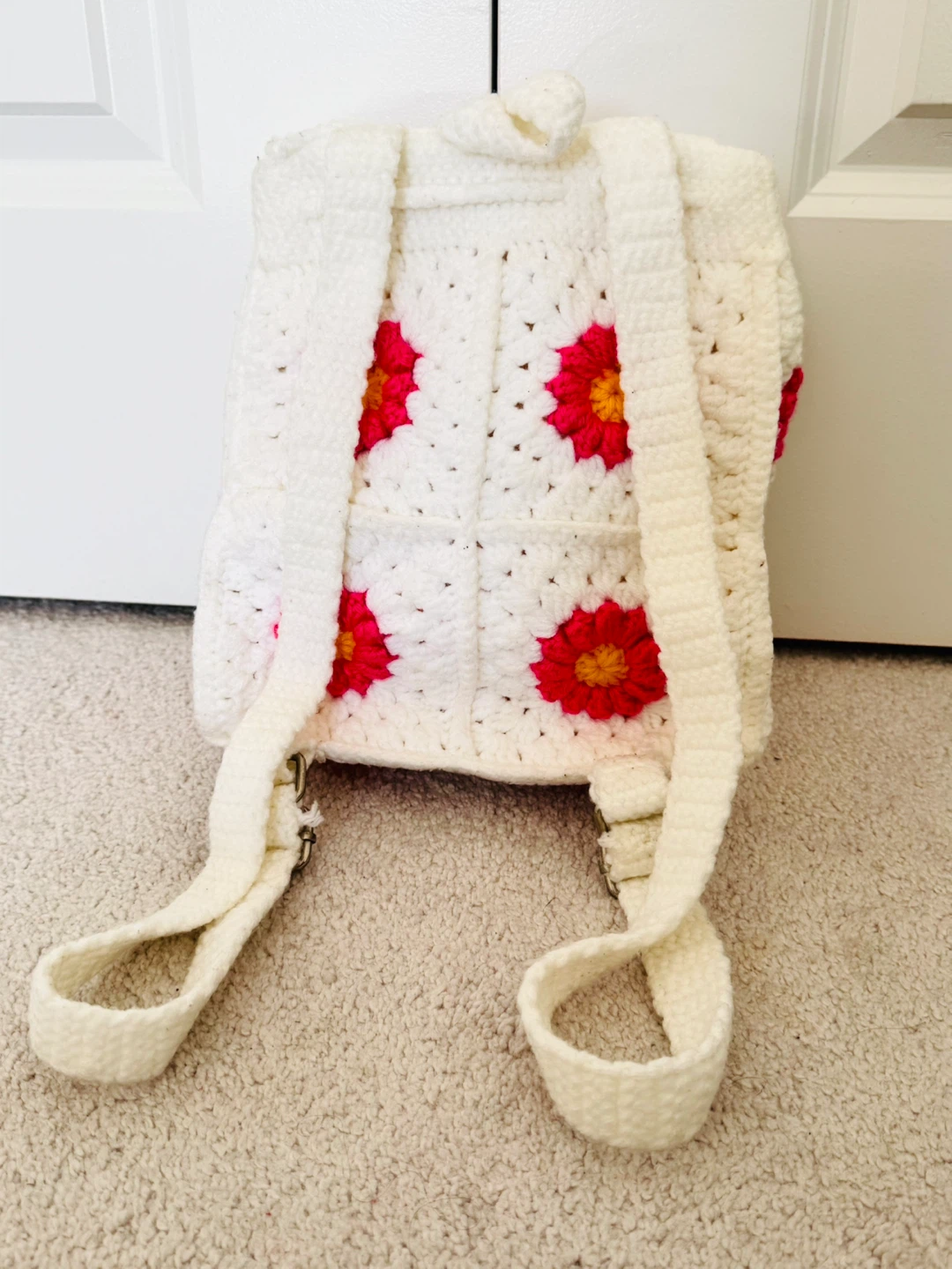 Handmade Crochet Backpack - White & Pink Flower Granny Square - photo 3