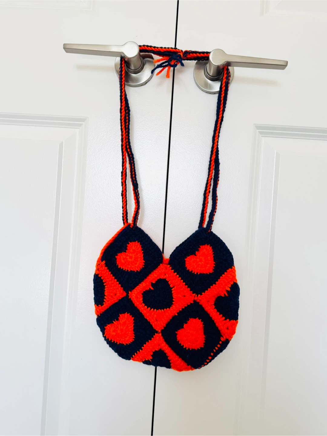 Handmade Crochet Heart Shoulder Bag - Navy & Orange