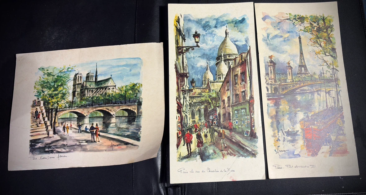 Lot of 3 Vintage 1960s Arno Paris Watercolor Lithograph Prints