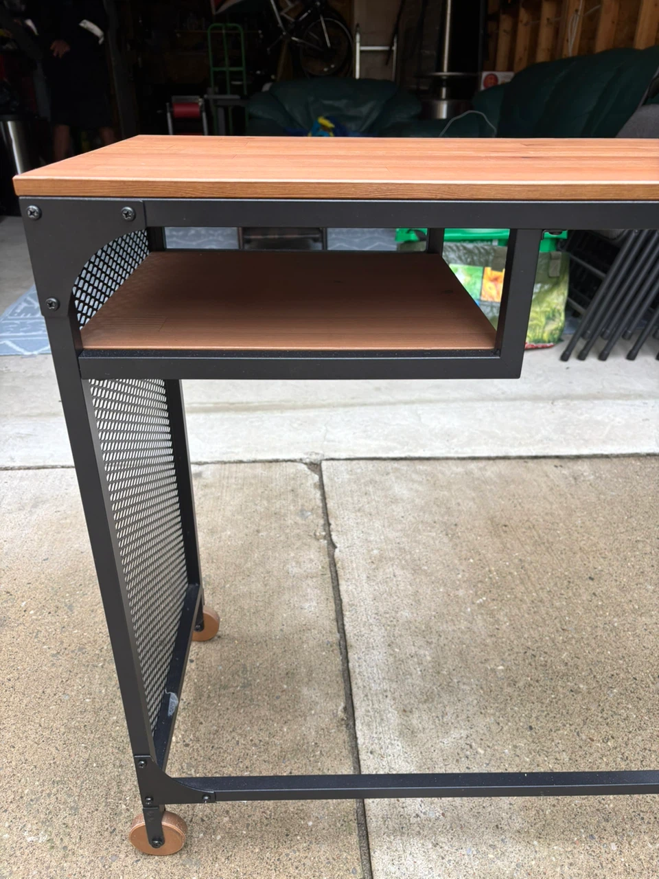 Wood and Metal Desk with Shelf and Wheels