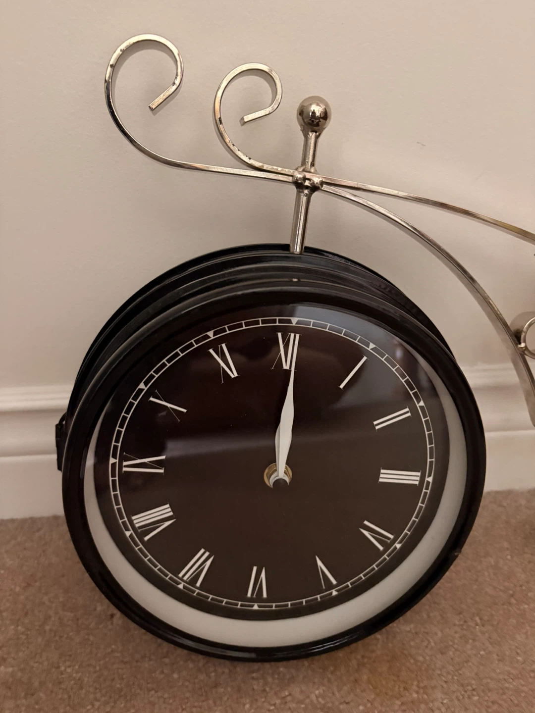 Black Double-Sided Station Clock with Ornate Bracket - photo 5