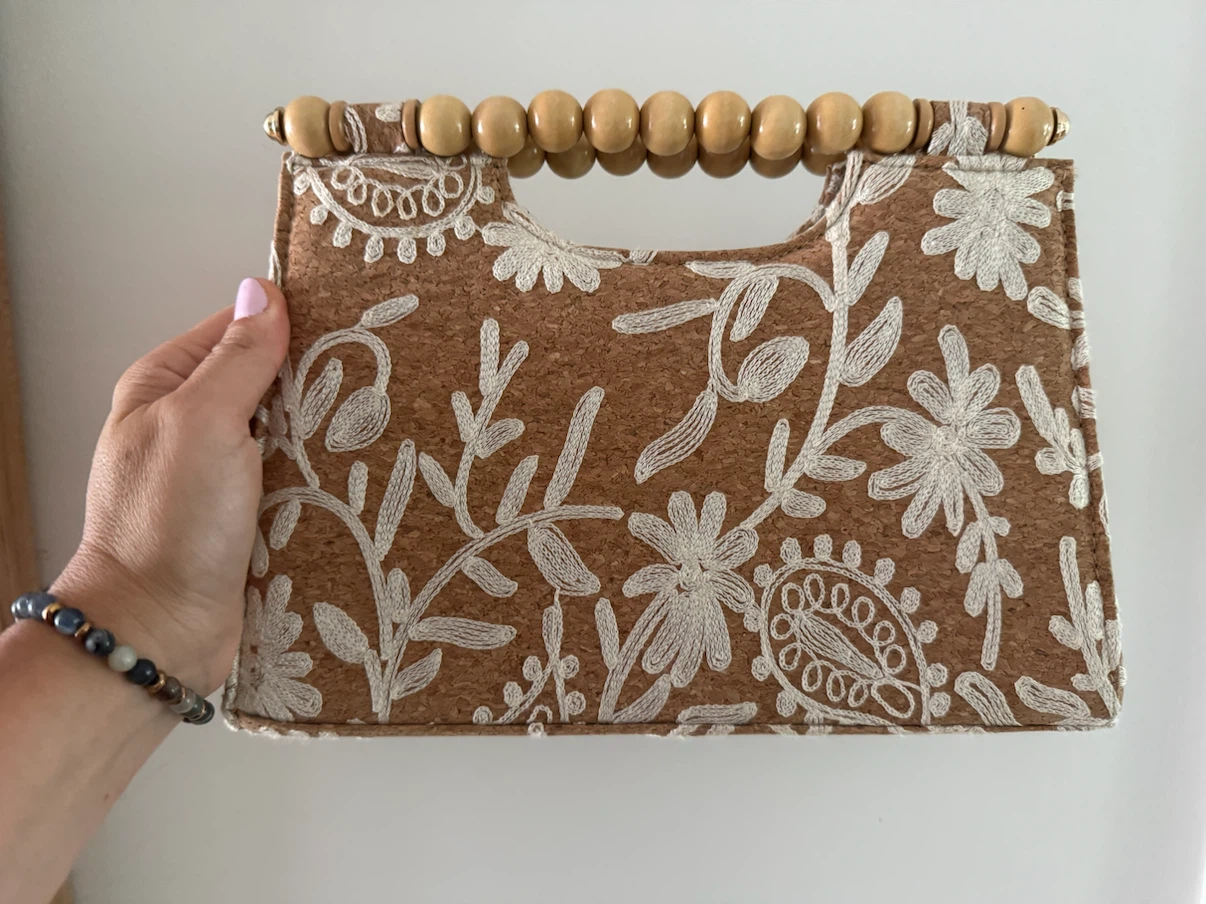 Embroidered Cork Clutch with Wooden Beads