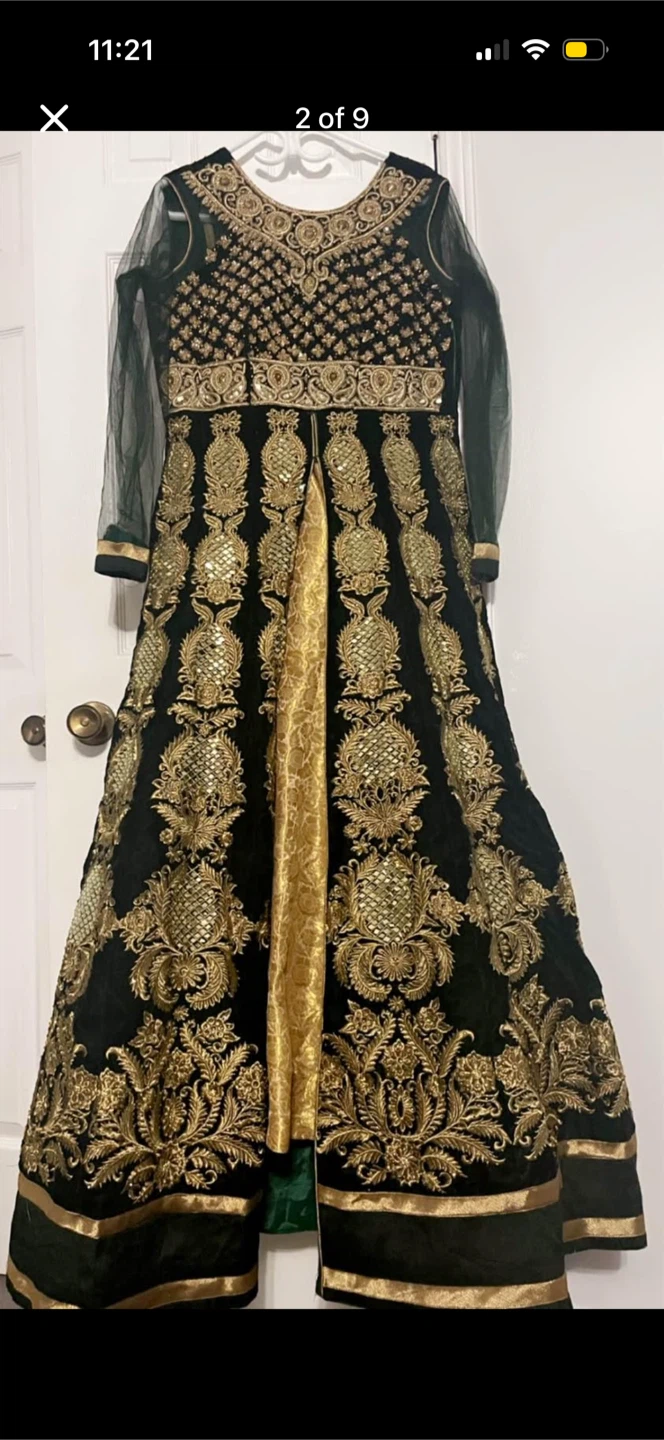 Women's Green and Gold Embroidered Anarkali Dress