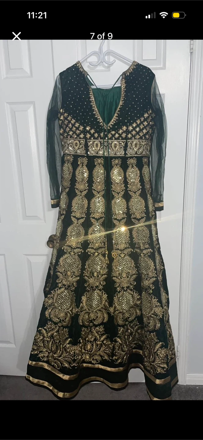 Women's Green and Gold Embroidered Anarkali Dress - photo 5