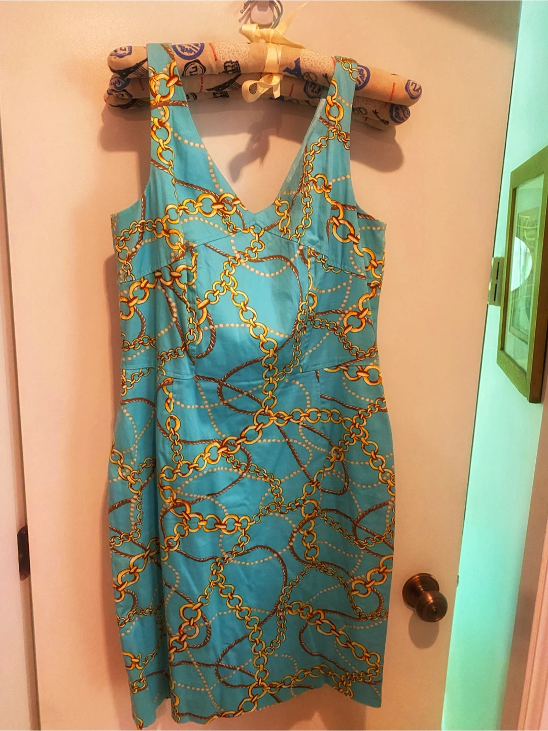🩵Tahari Arthur S. Levine Blue Chain Print Sheath Dress Size 6 - photo 4