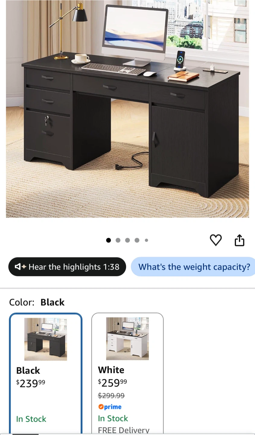 Black 5-Drawer and Cabinet Desk with Power Strip