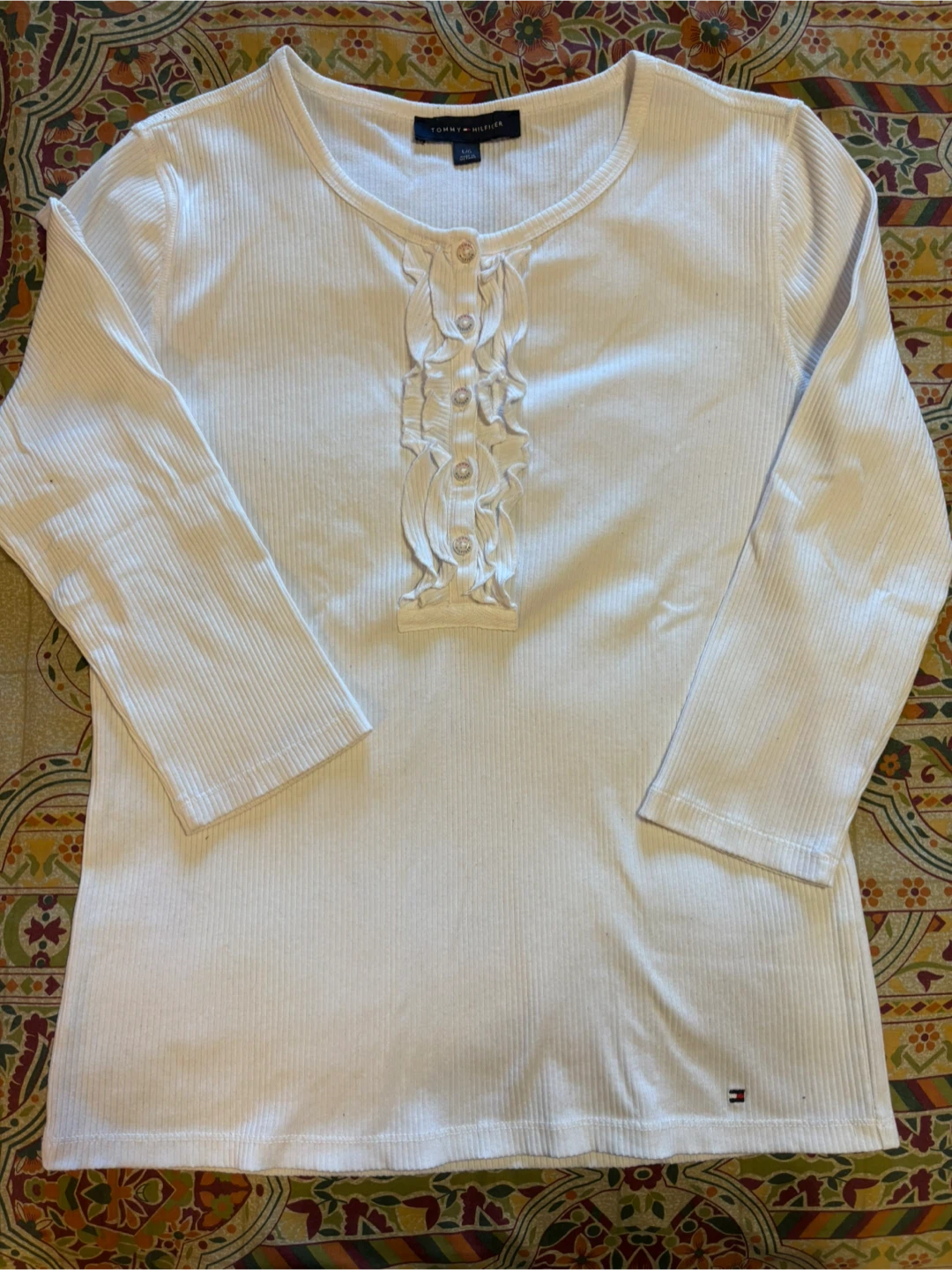 Tommy Hilfiger White Ribbed Ruffled Long Sleeve Shirt