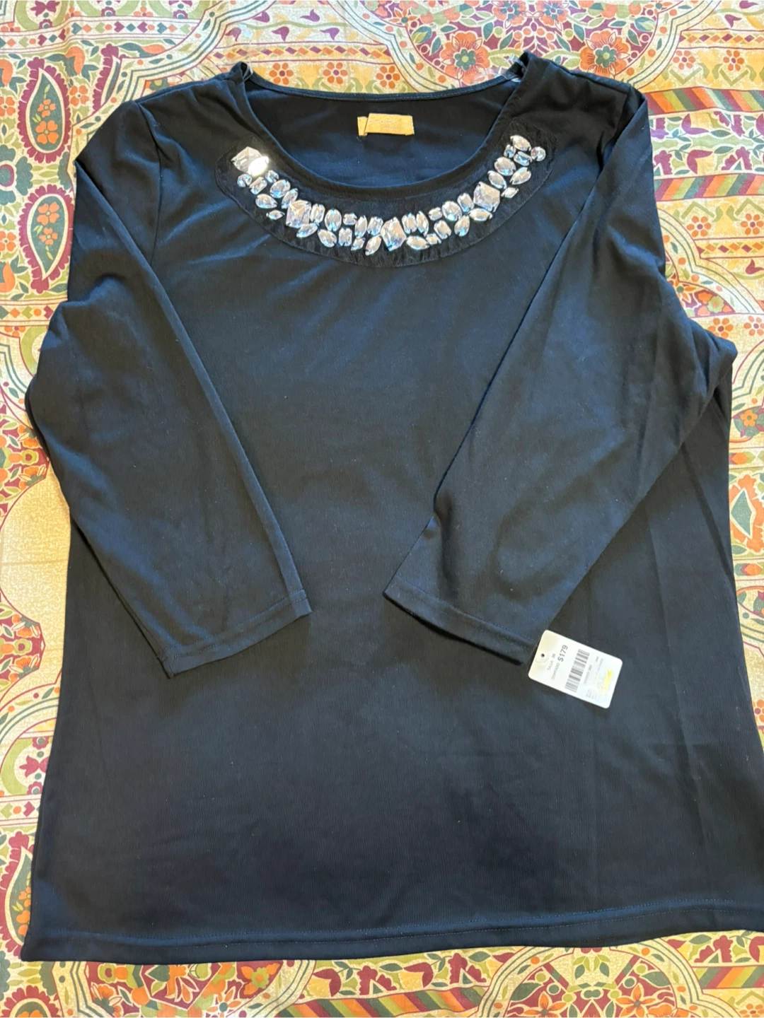 New AHARA Embellished Neckline Black Long Sleeve Top Size 36