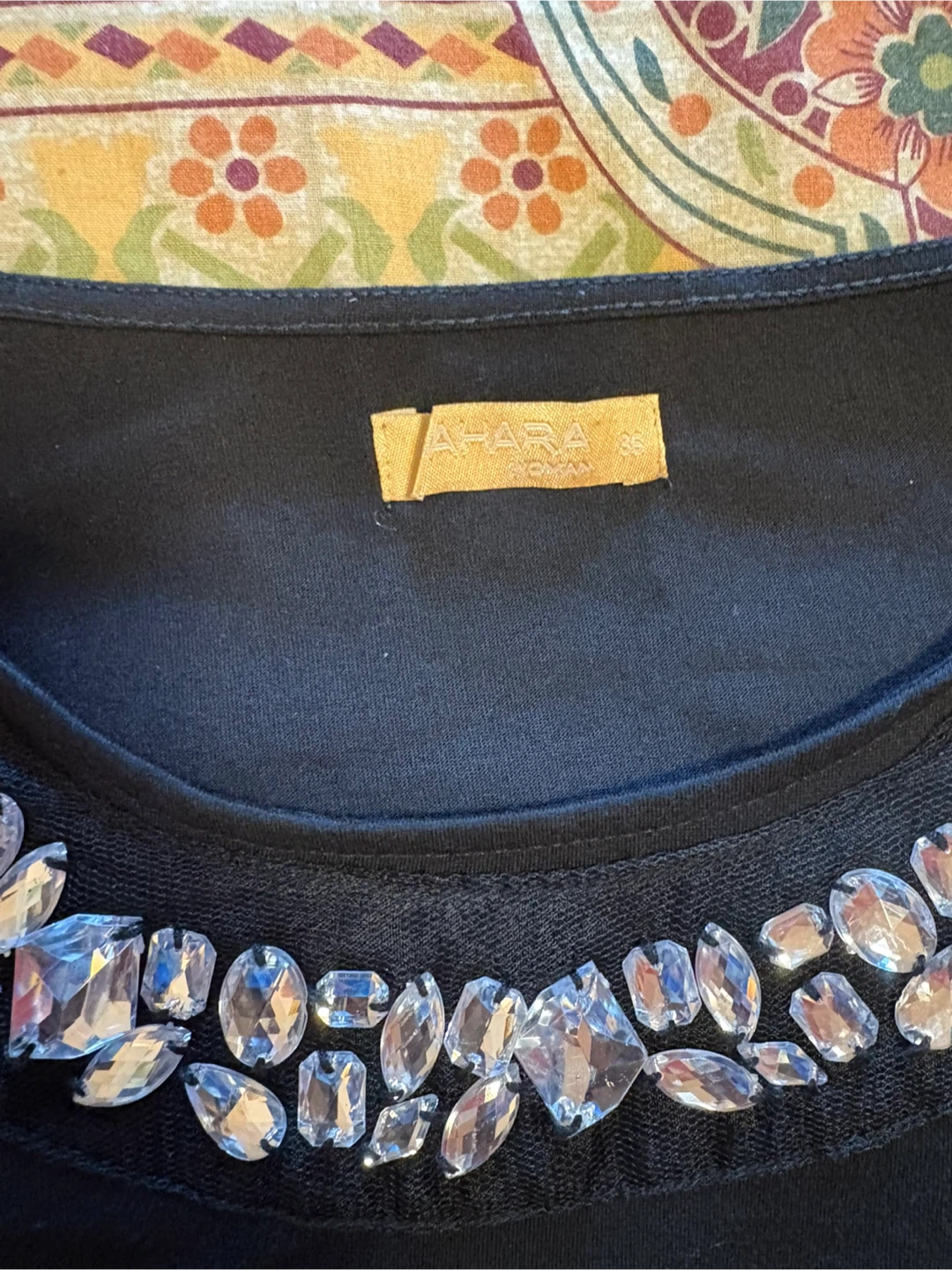 New AHARA Embellished Neckline Black Long Sleeve Top Size 36 - photo 2