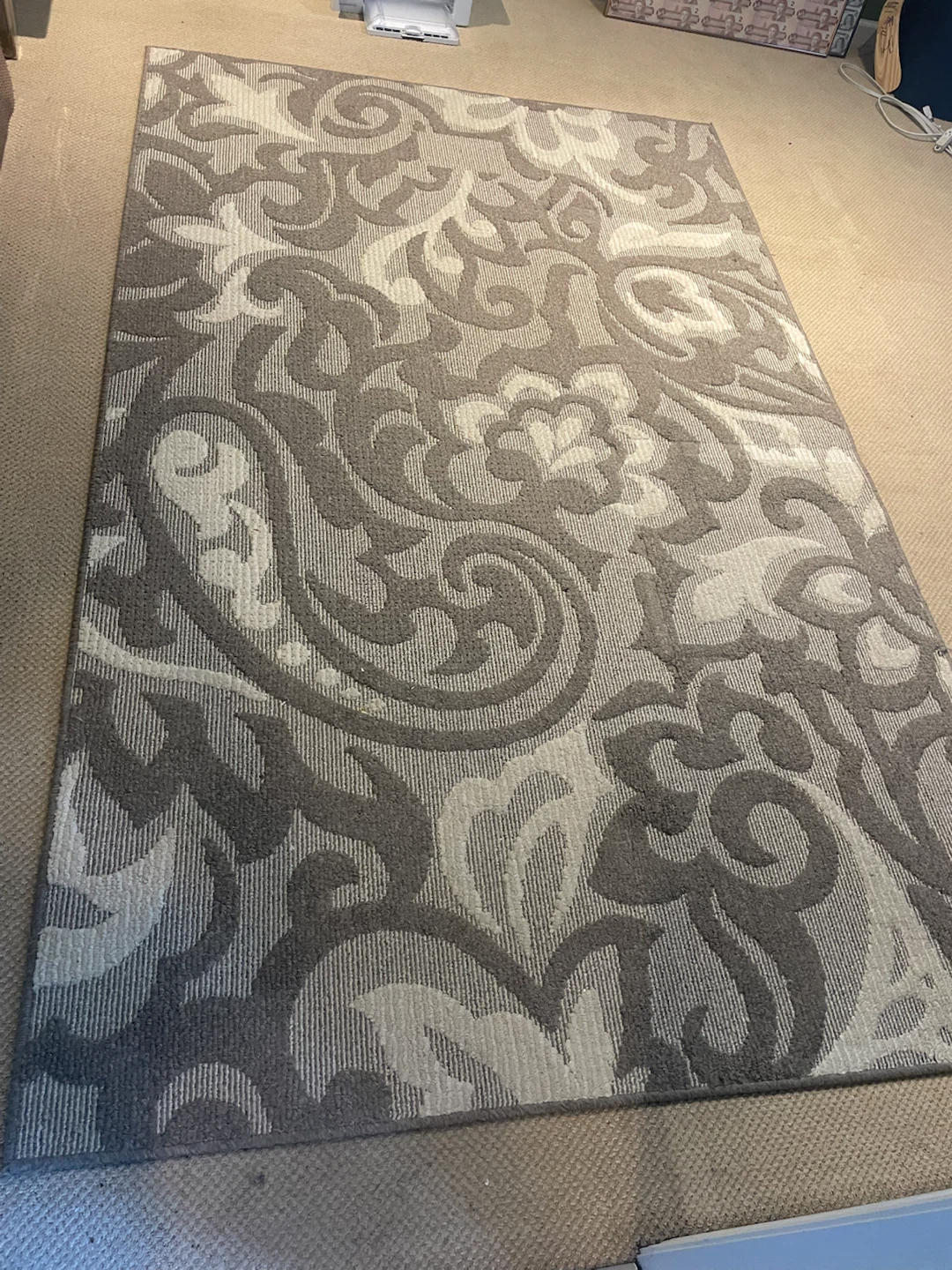 Grey and White Floral Area Rug