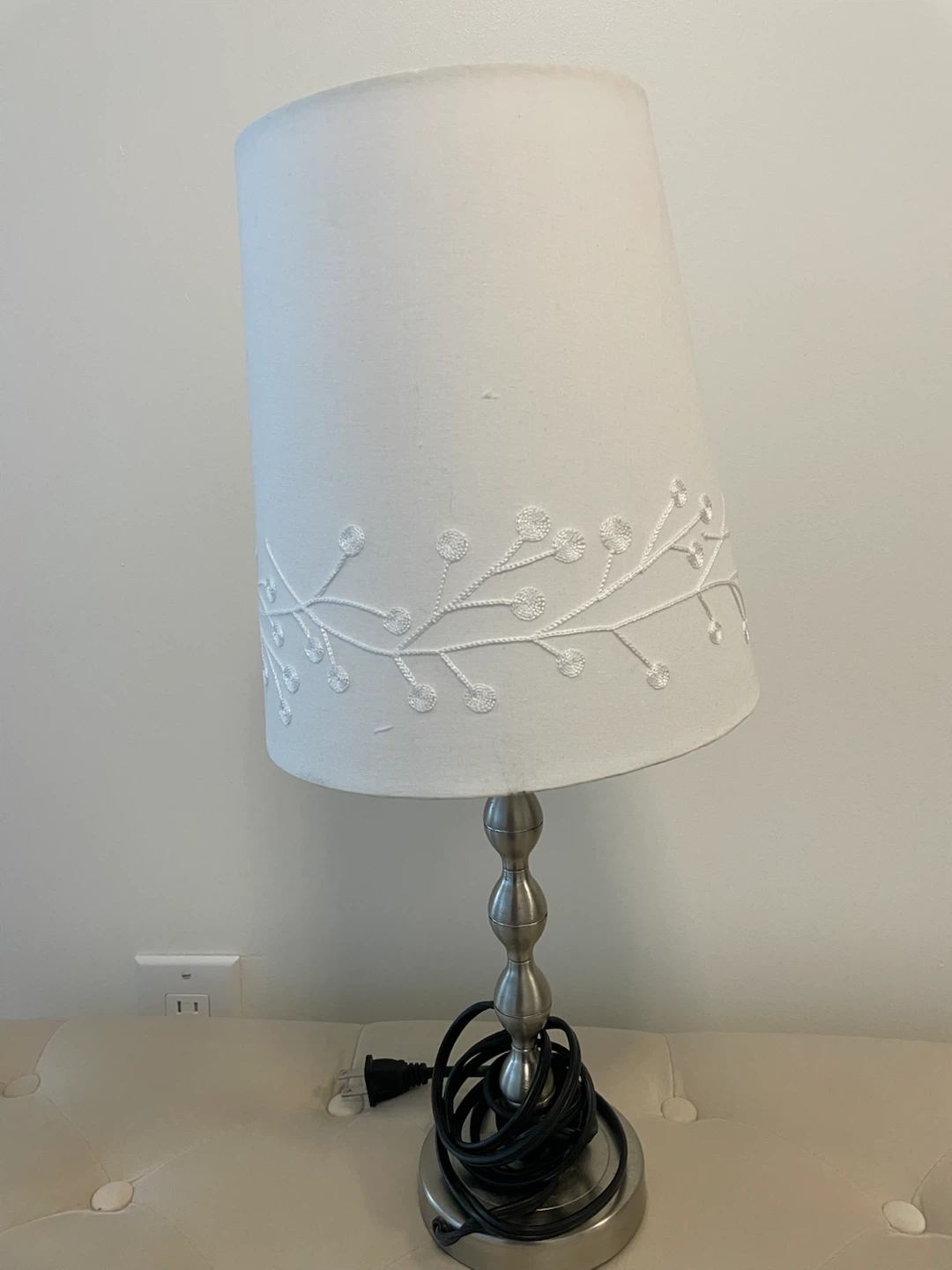 White Fabric Table Lamp with Embroidered Design