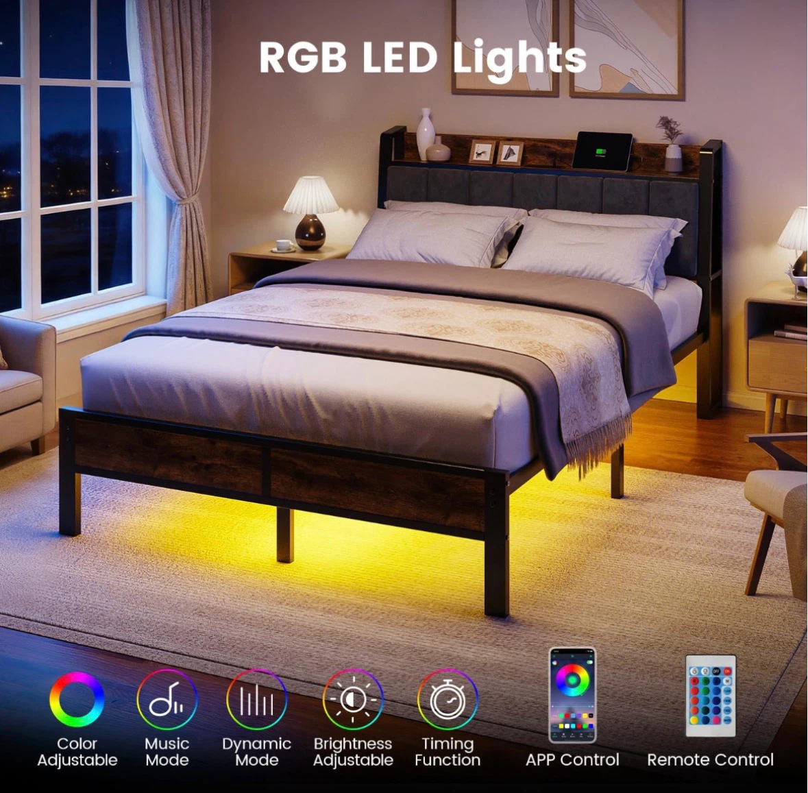 Full Size Bed Frame with Headboard, USB, Outlet, RGB Lights