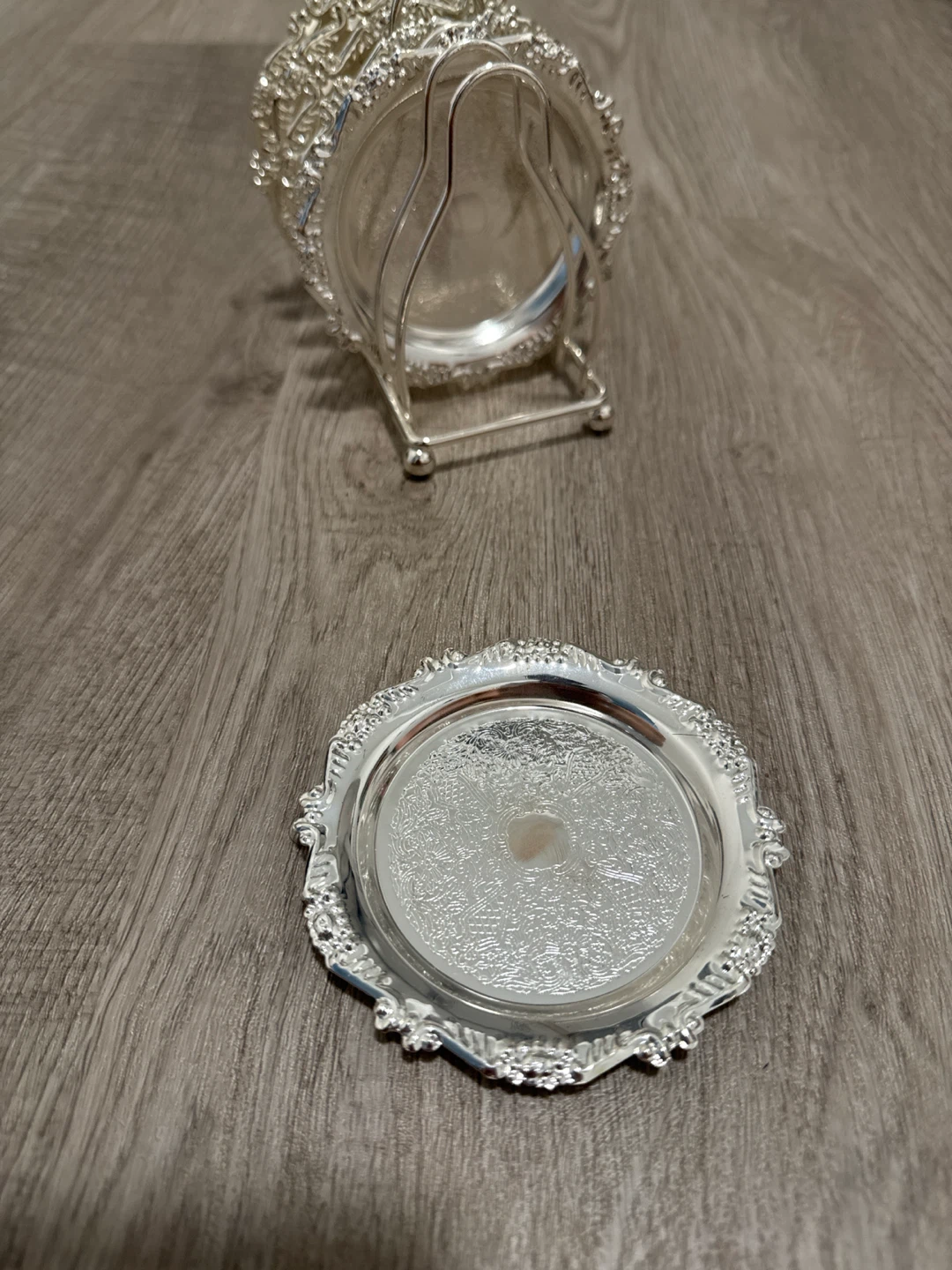 Ornate Silver-Tone Coaster Set with Holder - photo 2