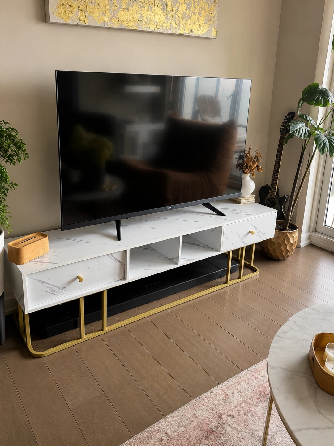 White Marble TV Stand with Gold Legs