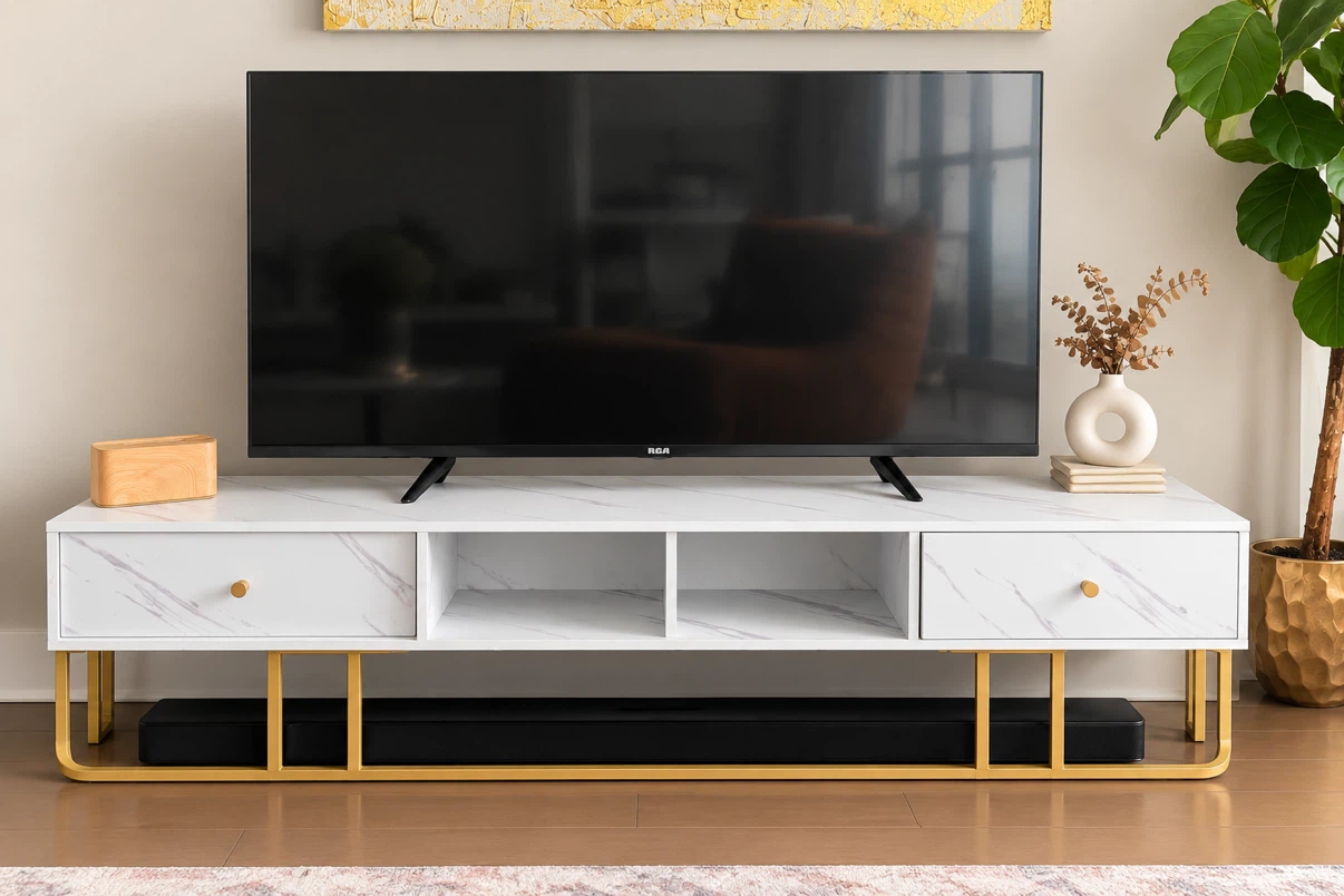 White Marble TV Stand with Gold Legs - photo 2