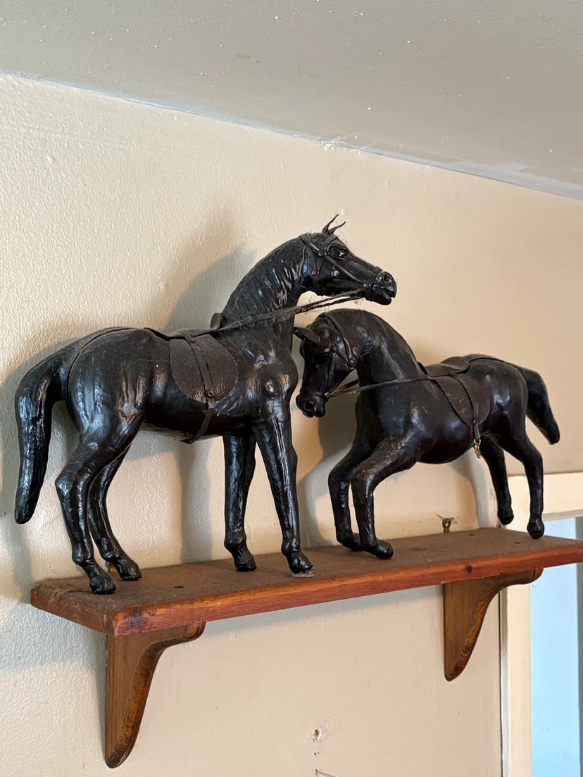 Vintage Black Leather Horse Statues (Set of 2)