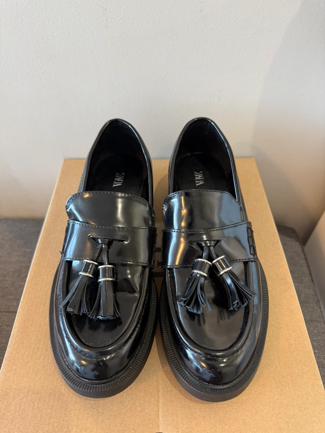 ZARA Black Patent Tassel Loafers