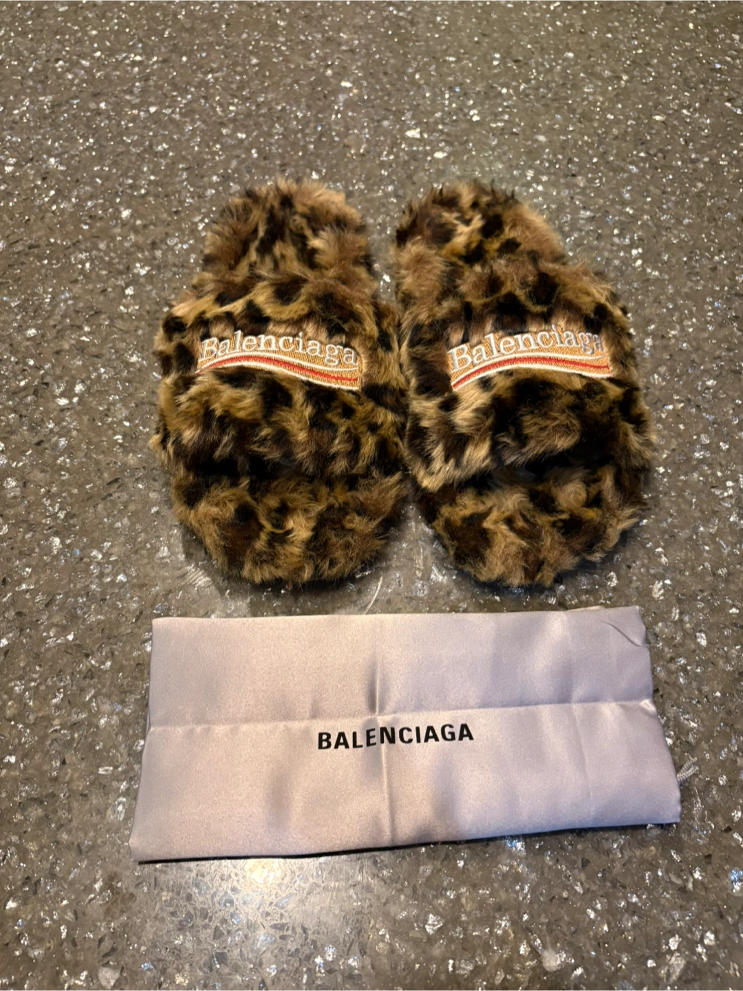 Balenciaga Leopard Fur Slides with Dust Bag