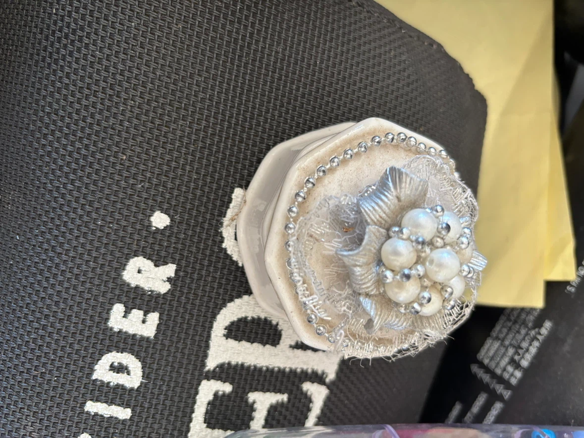 Vintage Hexagonal Ceramic Trinket Box - Faux Pearl & Silver