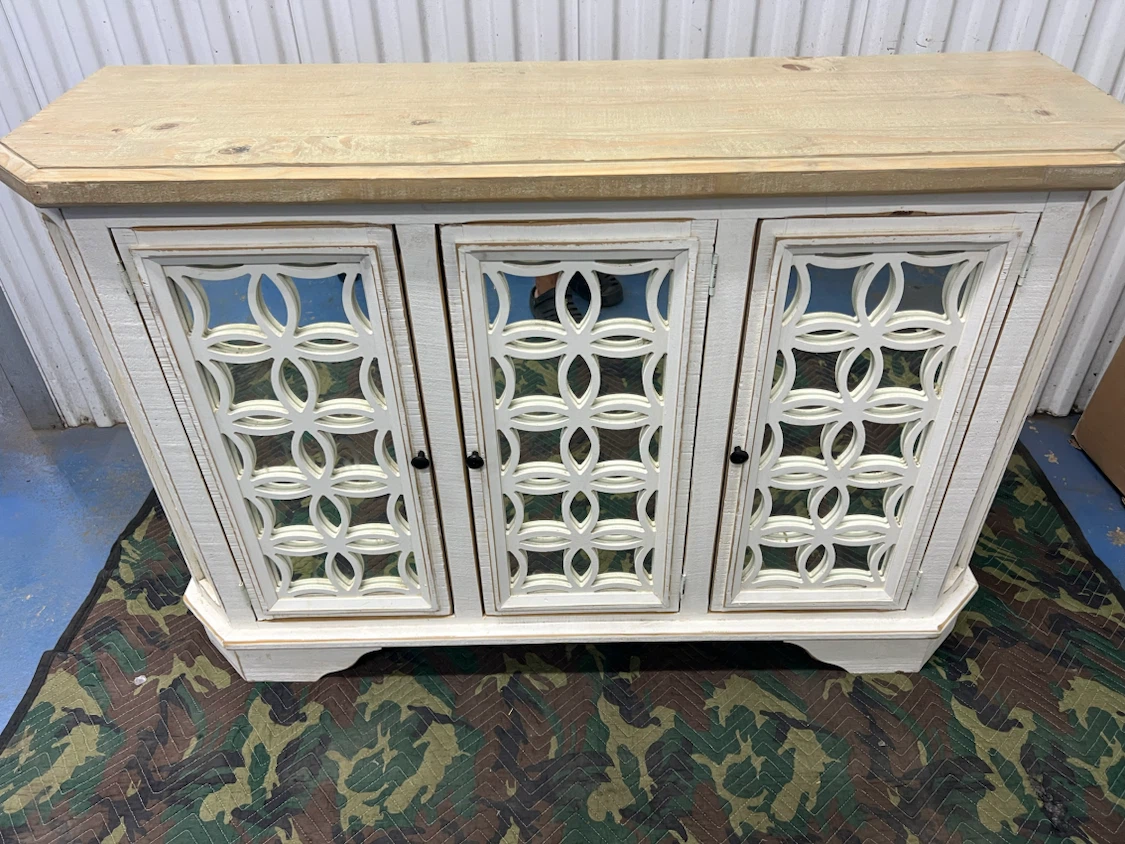 White 3-Door Accent Cabinet with Mirrored Doors