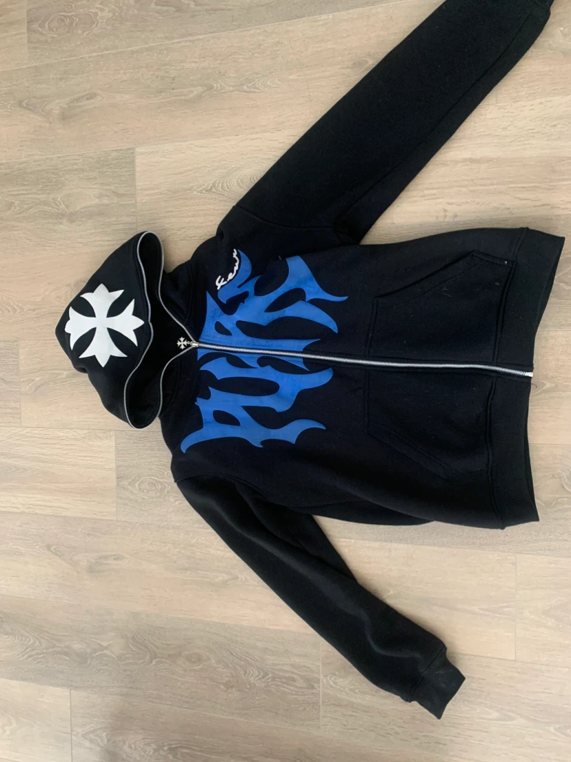 Black Zip-Up Hoodie with Blue Flames