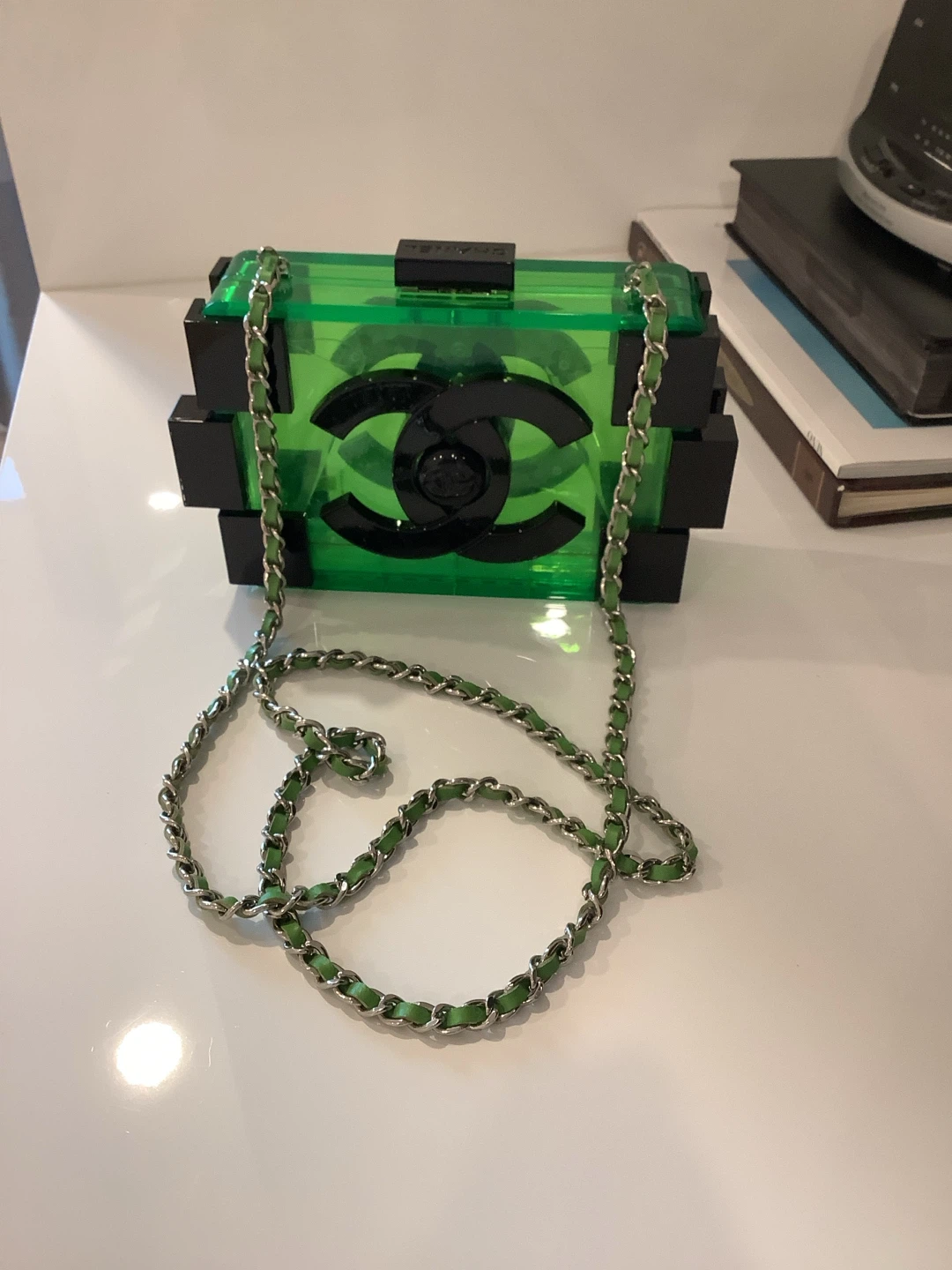 CC Translucent Green Box Clutch with Chain