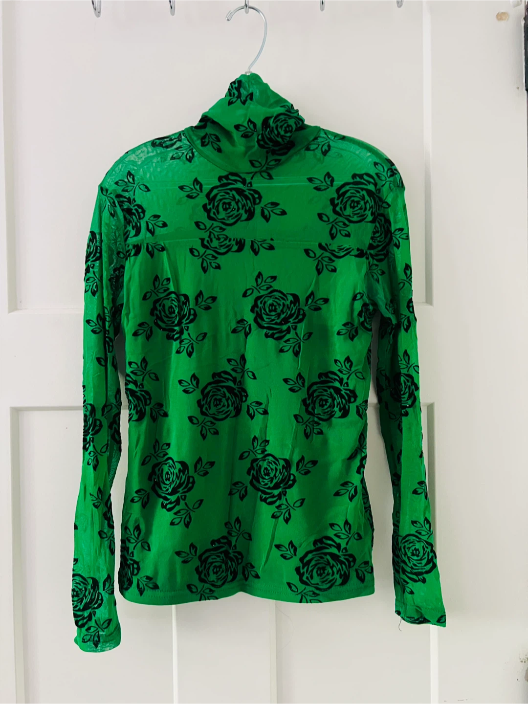 Green Mesh Rose Print Turtleneck Top - photo 2