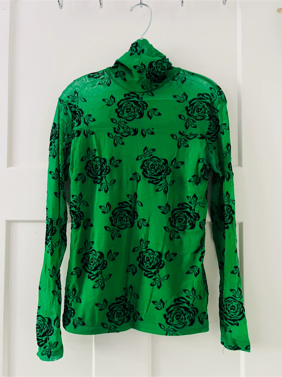 Green Mesh Rose Print Turtleneck Top