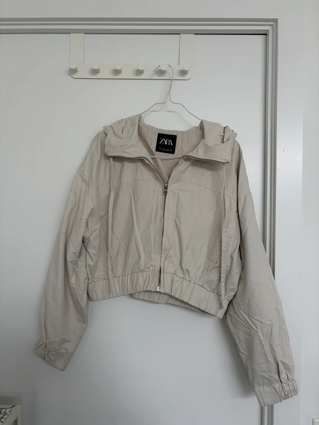 ZARA Crop Hooded Jacket - Oyster White - Size S