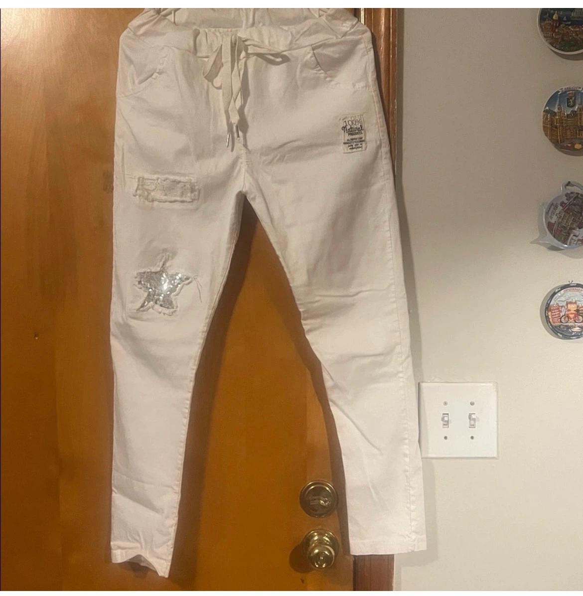 White Pants with Sequin Star Patch and Drawstring Waist