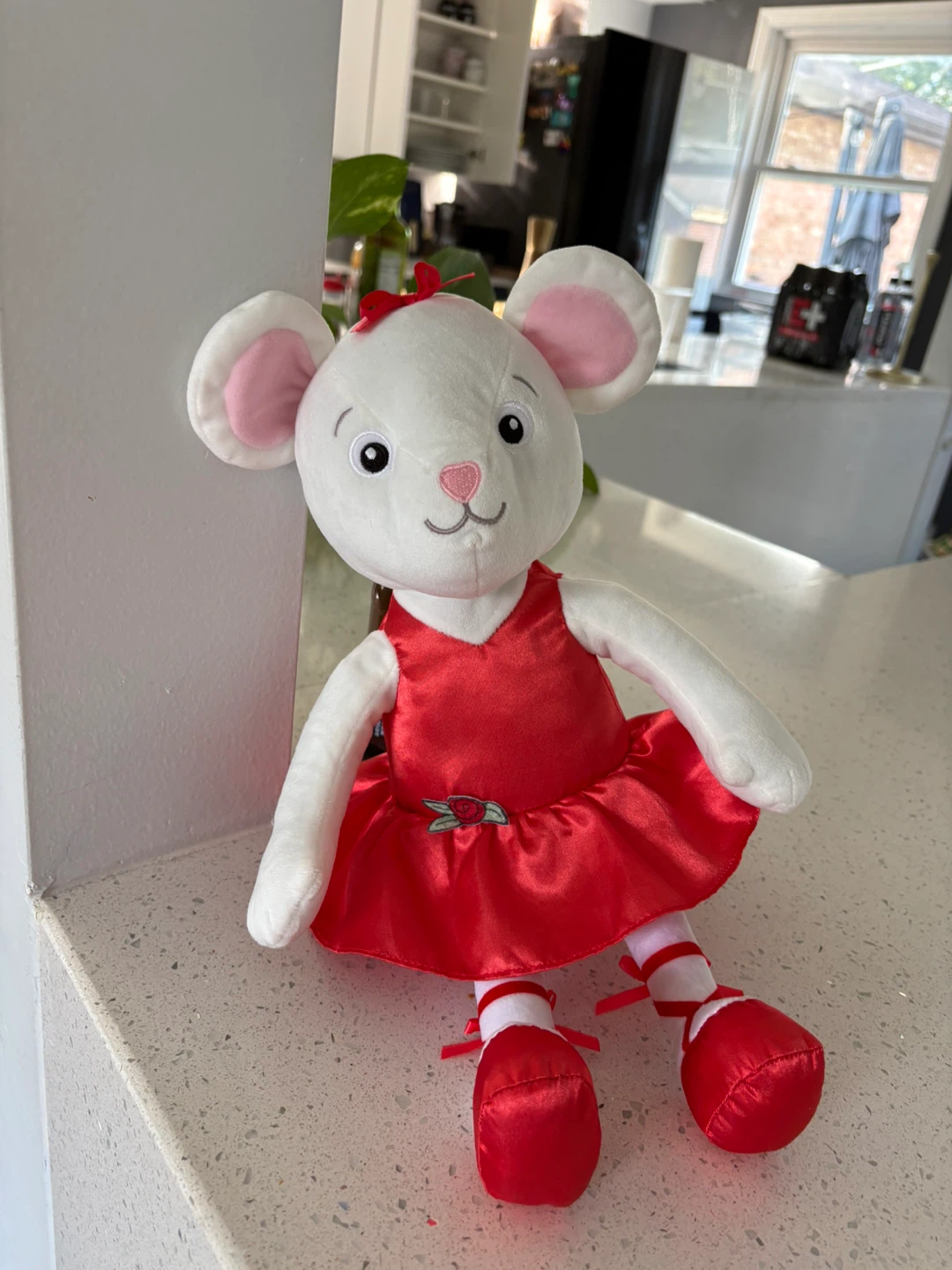White Mouse Plush Toy in Red Ballerina Dress