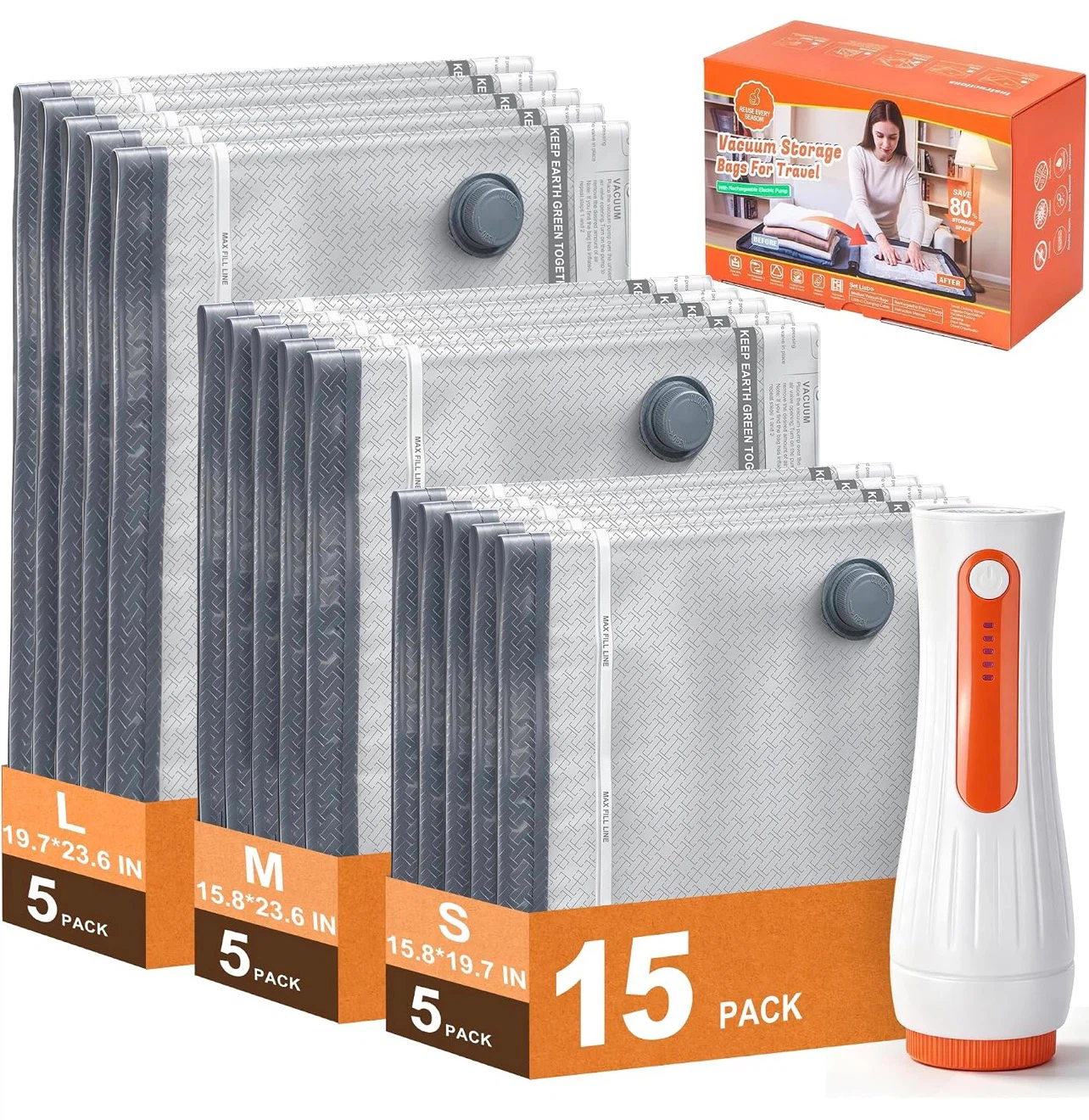 Rechargeable Cordless Electric Vacuum Pump & 15 Storage Bags